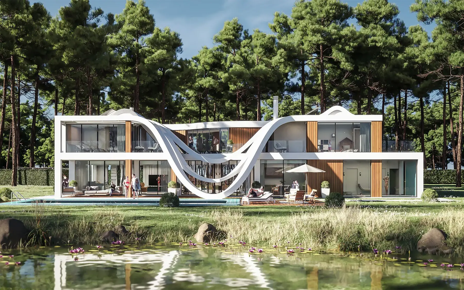 Modern architectural villa surrounded by pines and water — Armila Design Studio