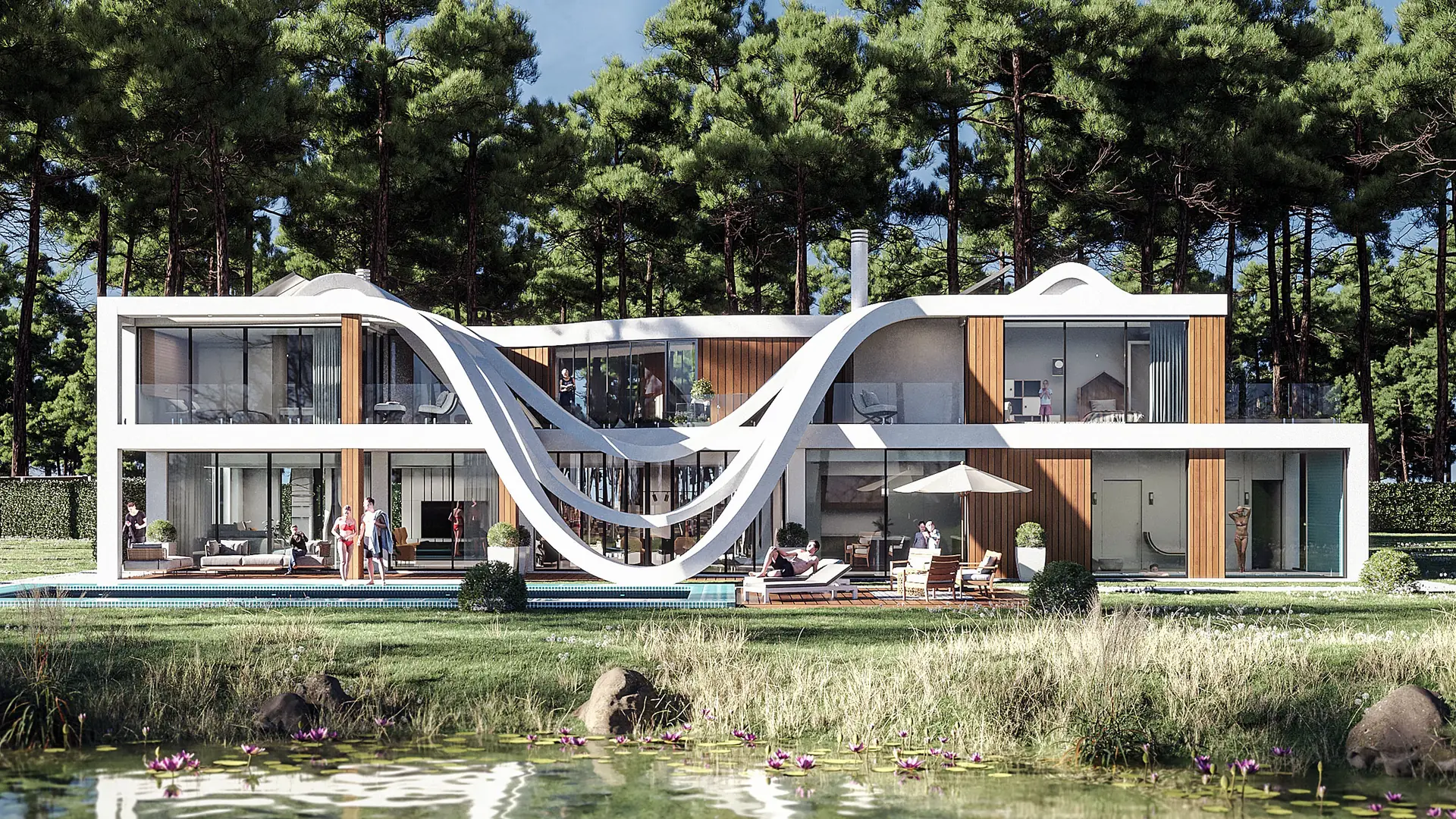 Modern architectural villa surrounded by trees and water — Armila Design Studio hero image