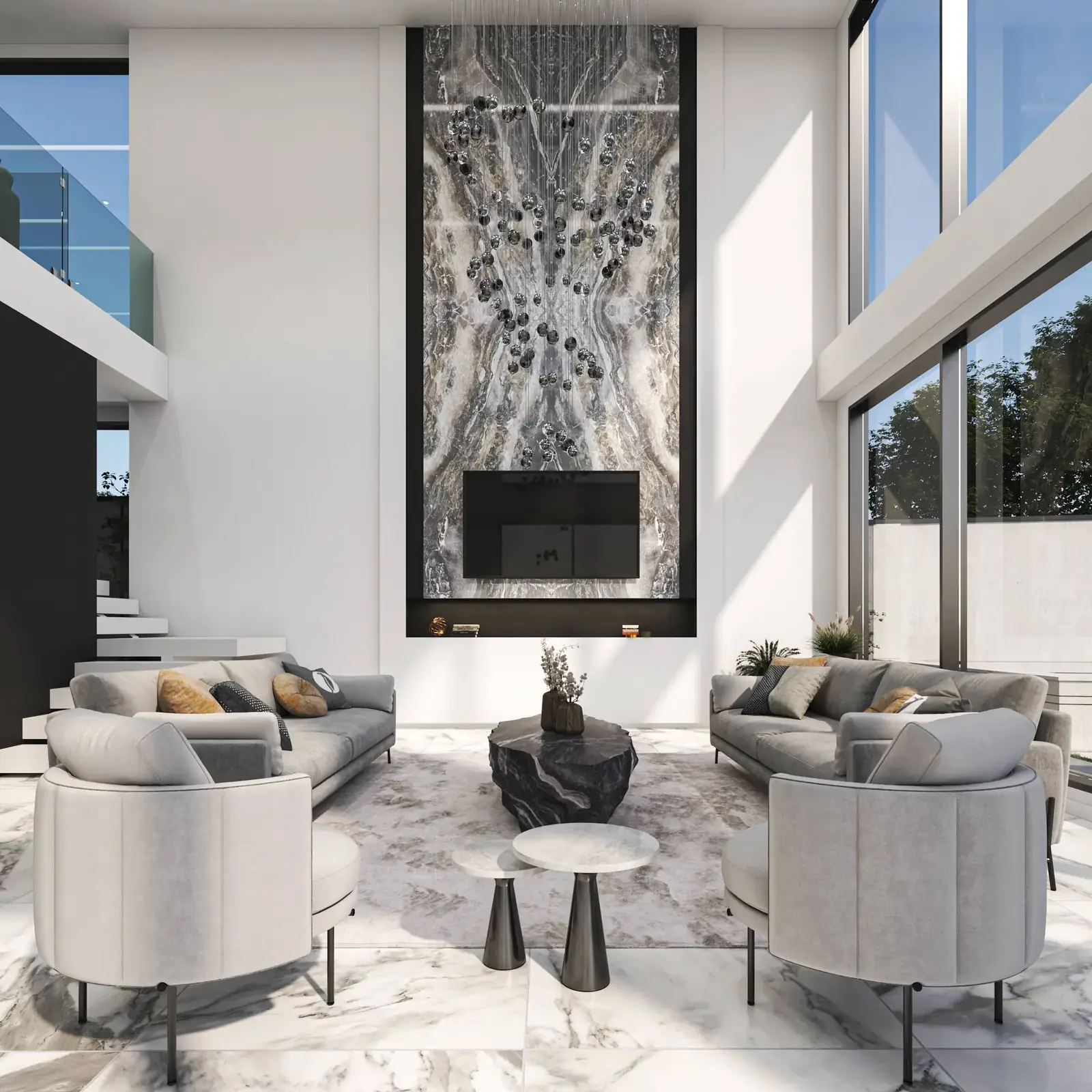Narenj Villa living room with marble feature wall
